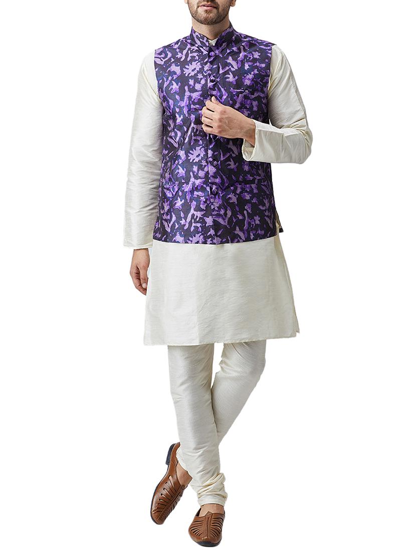 off white silk blend kurta pyjama set with nehru jacket - 15415959 - Zoom Image - 1
