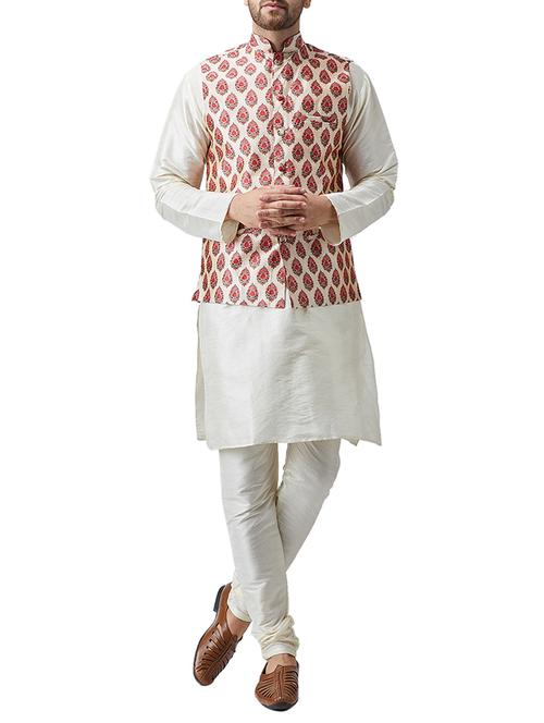 off white silk blend kurta pyjama set with nehru jacket - 15415960 - Standard Image - 1