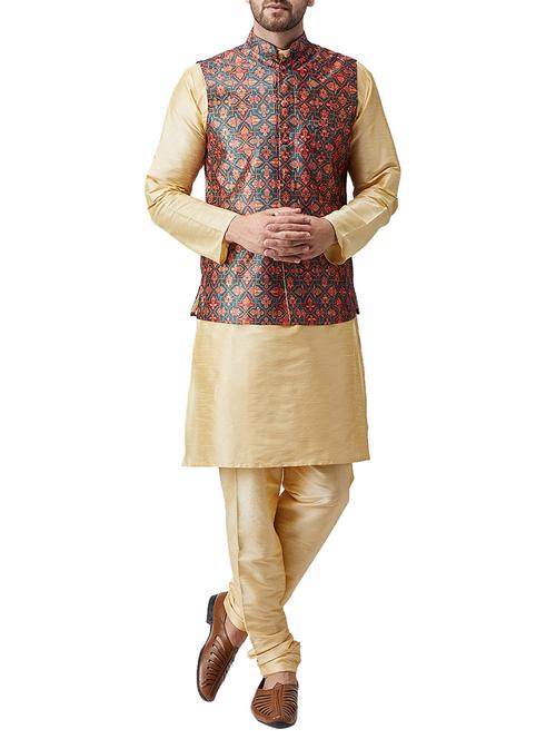gold silk blend kurta pyjama set with nehru jacket - 15415962 - Standard Image - 1