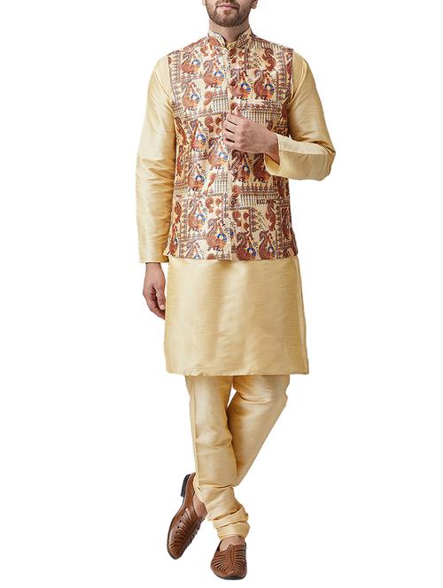 gold silk blend kurta pyjama set with nehru jacket - 15415963 - Standard Image - 1