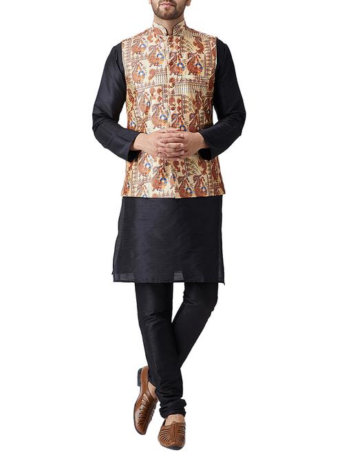 Black silk blend kurta pyjama set with nehru jacket - 15415964 - Standard Image - 1