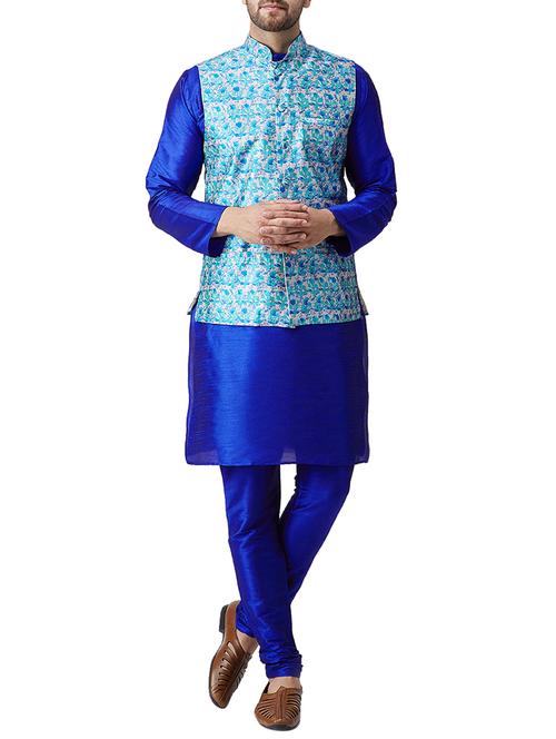 blue silk blend kurta pyjama set with nehru jacket - 15415966 - Standard Image - 1