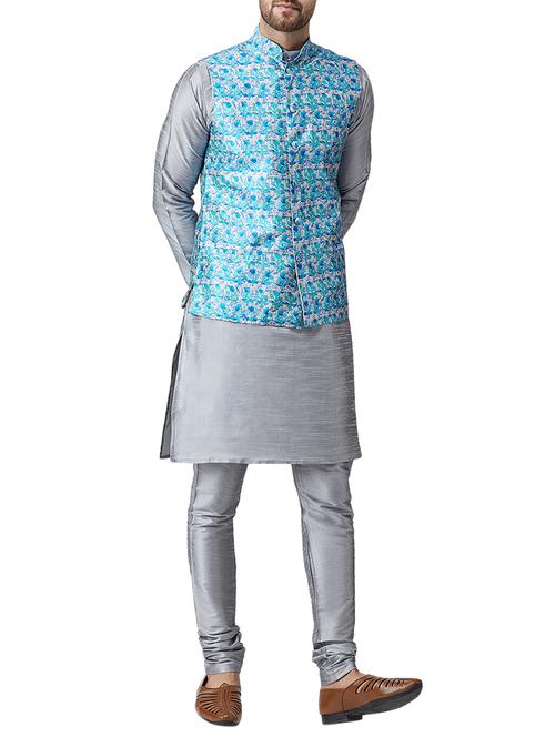grey silk blend kurta pyjama set with nehru jacket - 15415967 - Standard Image - 1