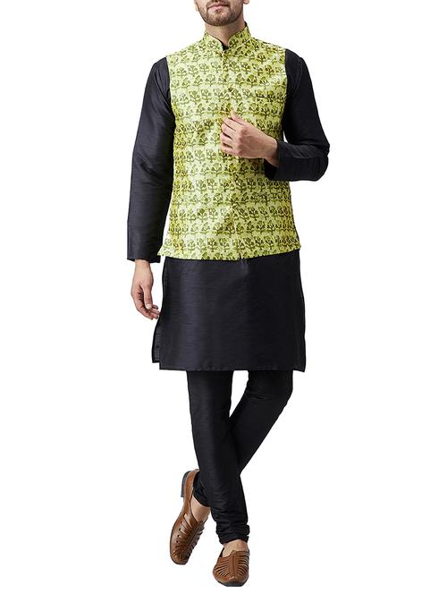 Black silk blend kurta pyjama set with nehru jacket - 15415969 - Standard Image - 1