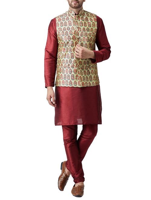 red silk blend kurta pyjama set with nerhu jacket - 15415971 - Standard Image - 1