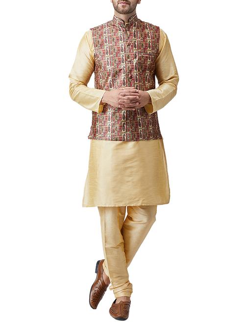 gold silk blend kurta pyjama set with nehru jacket - 15415973 - Standard Image - 1