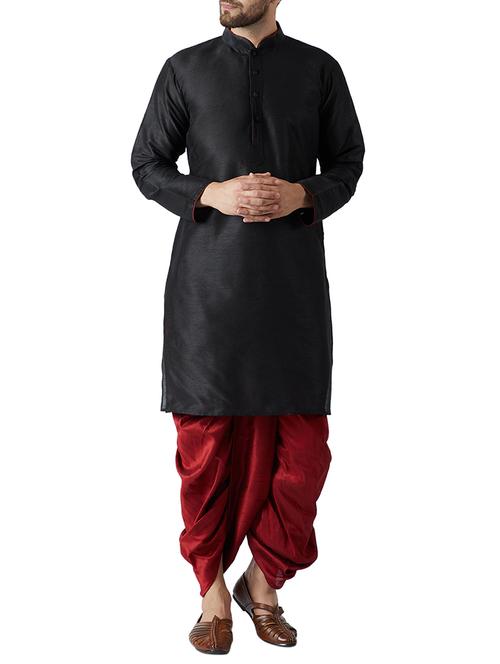 black and maroon silk blend dhoti kurta set - 15415995 - Standard Image - 1