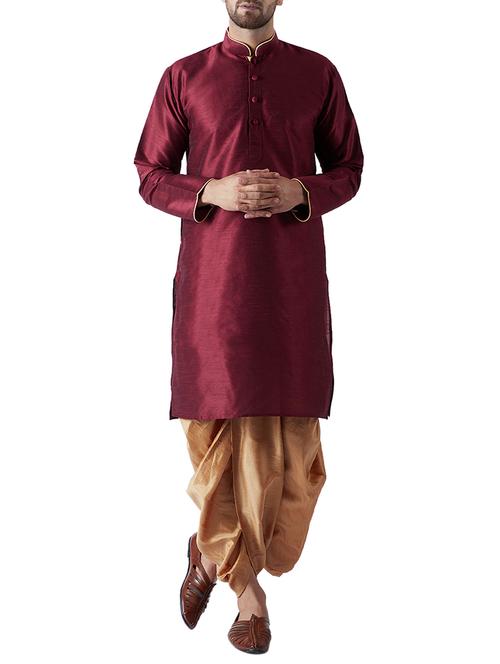 maroon and gold silk blend dhoti kurta set - 15415996 - Standard Image - 1