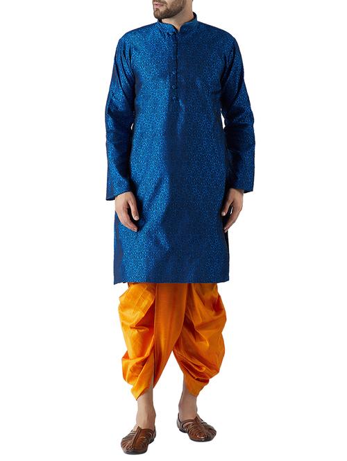 blue and mustard silk blend dhoti kurta set - 15415997 - Standard Image - 1