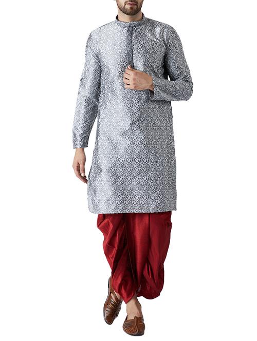 grey and maroon silk blend dhoti kurta ethnic wear set - 15416001 - Standard Image - 1