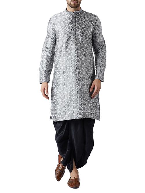 grey and black silk blend dhoti kurta ethnic wear set - 15416002 - Standard Image - 1