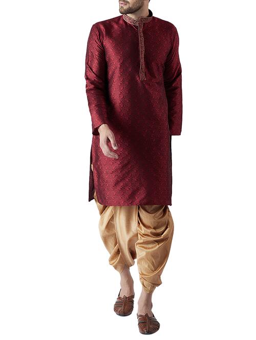 maroon and gold silk blend dhoti kurta set - 15416003 - Standard Image - 1