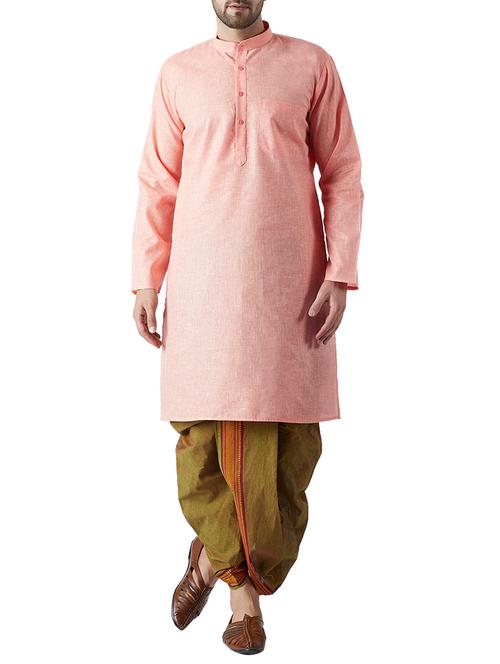 orange and juniper green cotton dhoti kurta ethnic wear set - 15416015 - Standard Image - 1