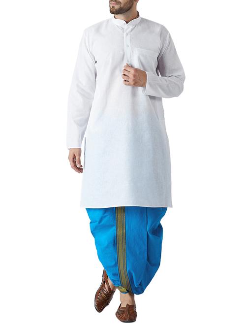 white and blue cotton dhoti kurta set - 15416026 - Standard Image - 1