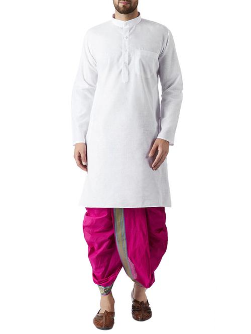 white and pink cotton dhoti kurta set - 15416027 - Standard Image - 1