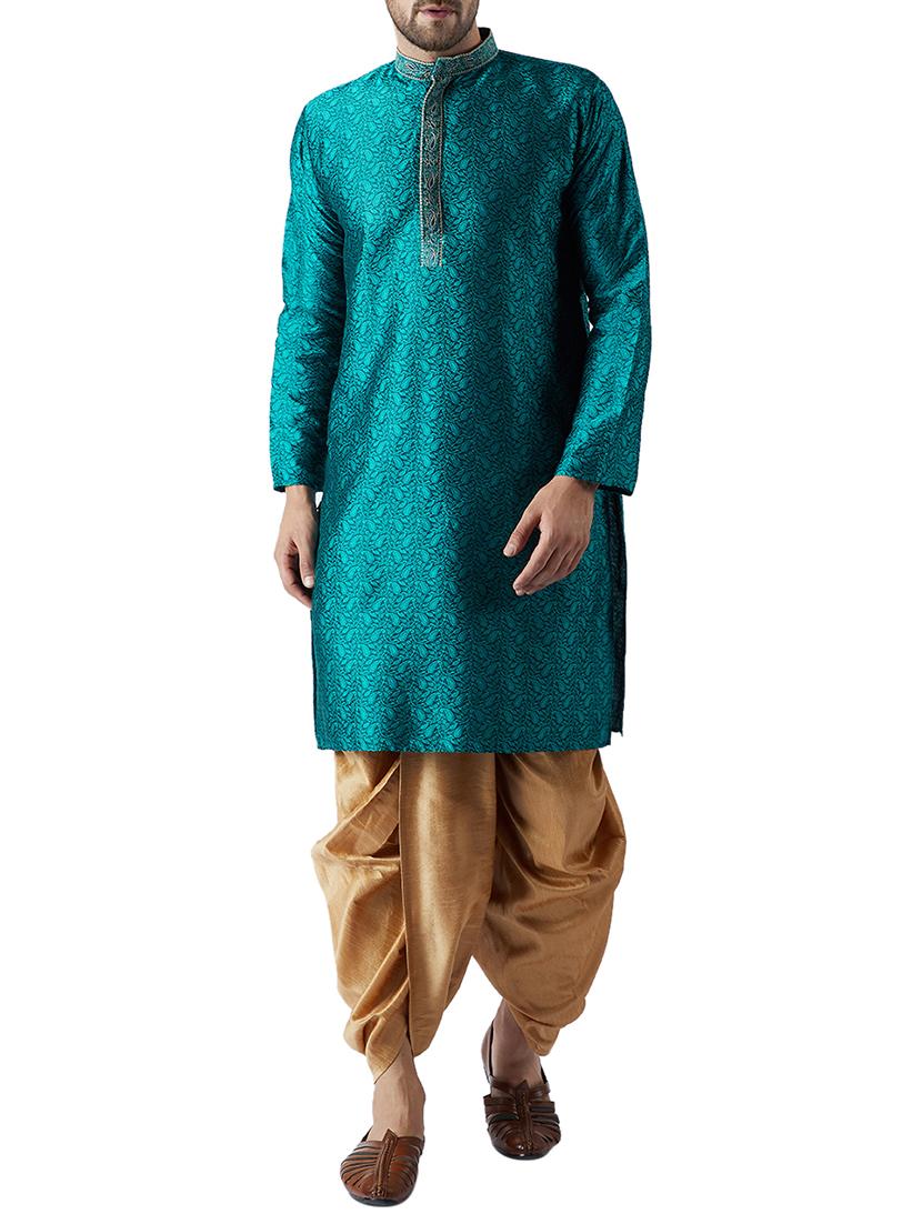 teal green and gold silk blend dhoti kurta set - 15416031 - Zoom Image - 1