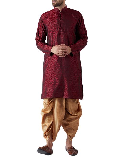 maroon and gold silk blend dhoti kurta set - 15416036 - Standard Image - 1