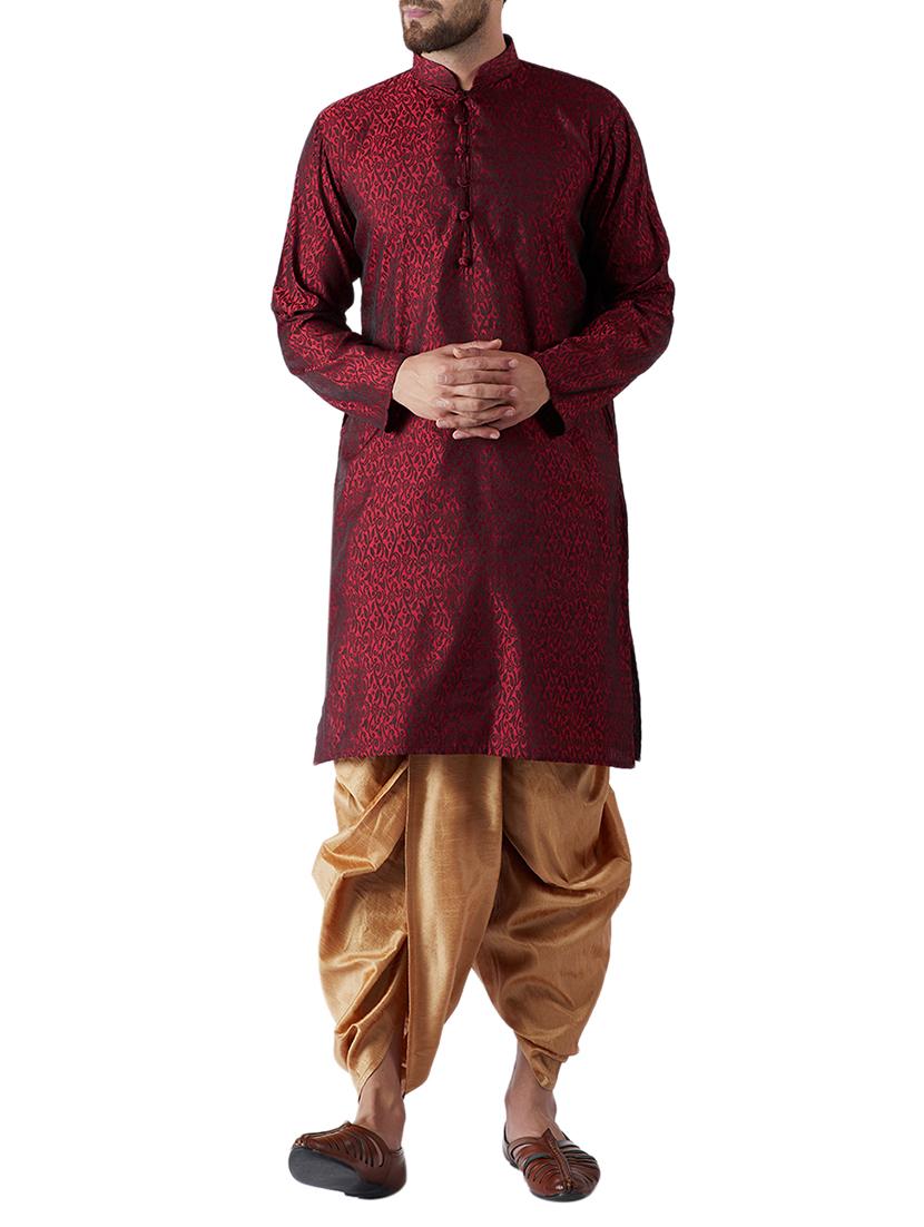 maroon and gold silk blend dhoti kurta set - 15416036 - Zoom Image - 1