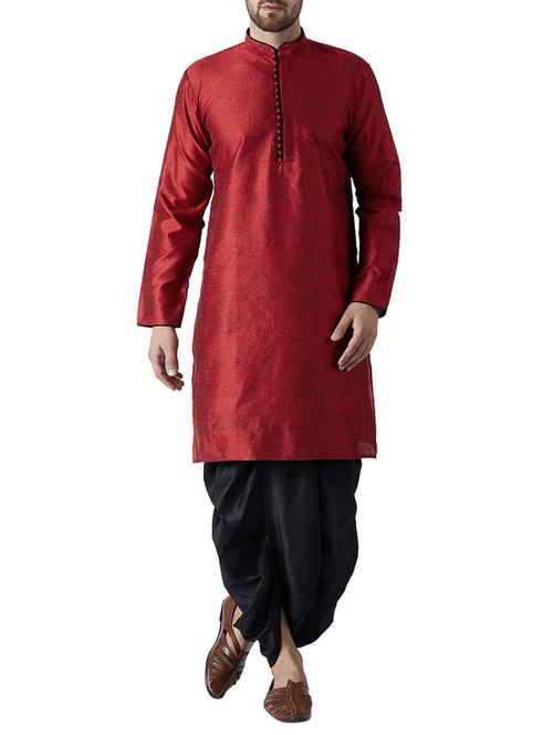 maroon and black silk blend dhoti kurta set - 15416041 - Standard Image - 1