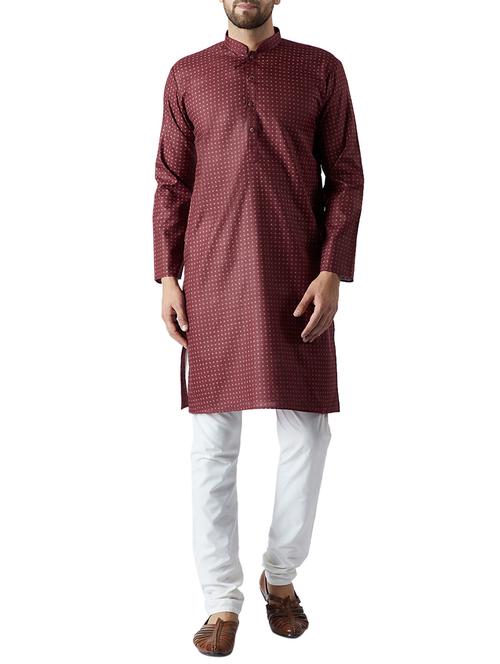 maroon and white cotton kurta pyjama set - 15416056 - Standard Image - 1