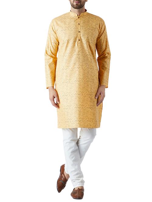 yellow and white cotton kurta pyjama set - 15416057 - Standard Image - 1