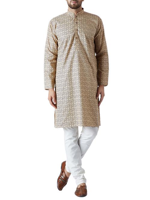 light brown and white cotton kurta pyjama set - 15416058 - Standard Image - 1