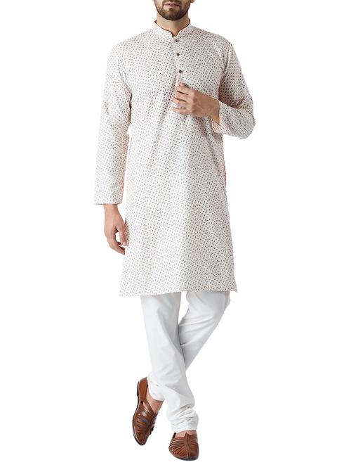 beige and white cotton kurta pyjama set - 15416060 - Standard Image - 1