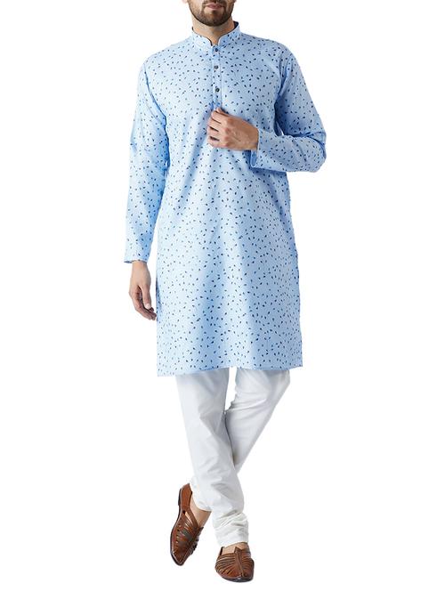 sky blue and white cotton kurta pyjama set - 15416062 - Standard Image - 1