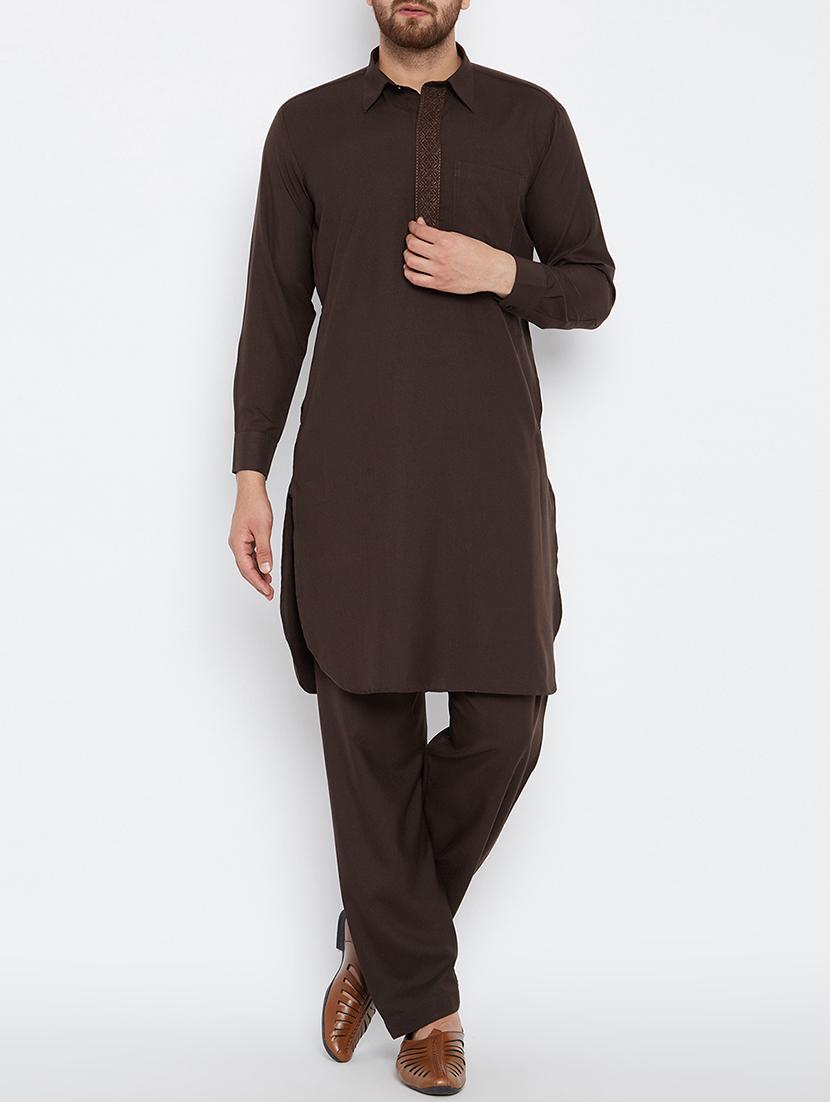 chocolate brown cotton pathani set - 15416072 - Zoom Image - 1