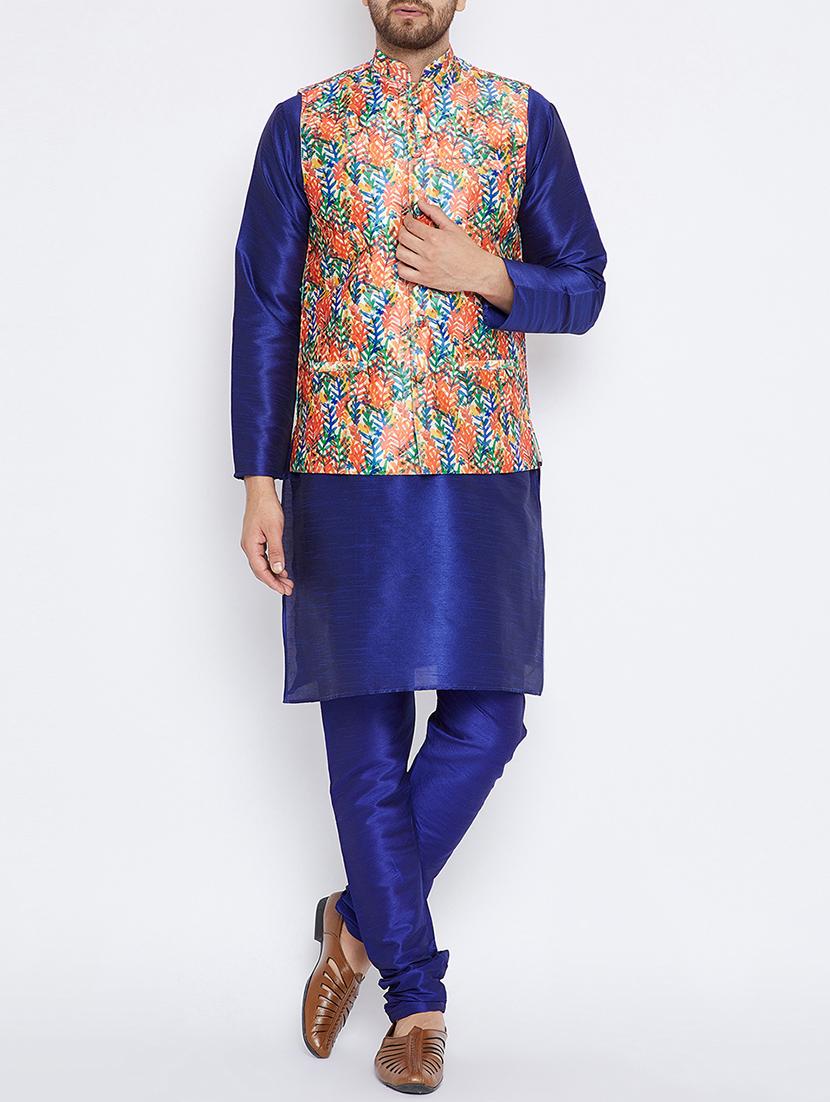 blue silk blend kurta pyjama set with nehru jacket - 15416074 - Zoom Image - 1