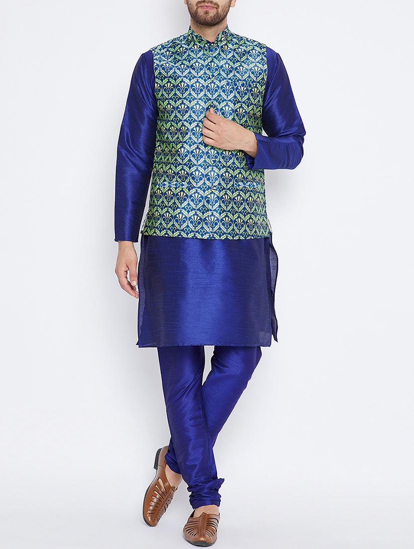 blue silk blend kurta pyjama set with nehru jacket - 15416075 - Zoom Image - 1
