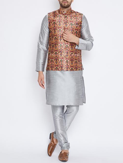 grey silk blend kurta pyjama set with nehru jacket - 15416076 - Very Small Image - 1