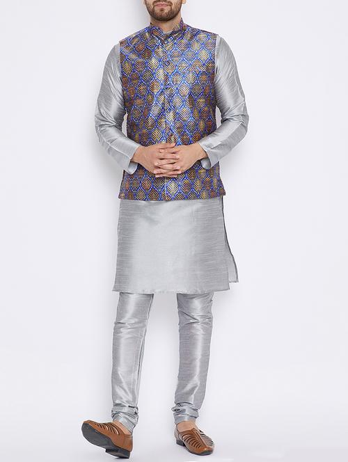 blue and grey silk blend kurta pyjama set with nehru jacket - 15416077 - Standard Image - 1