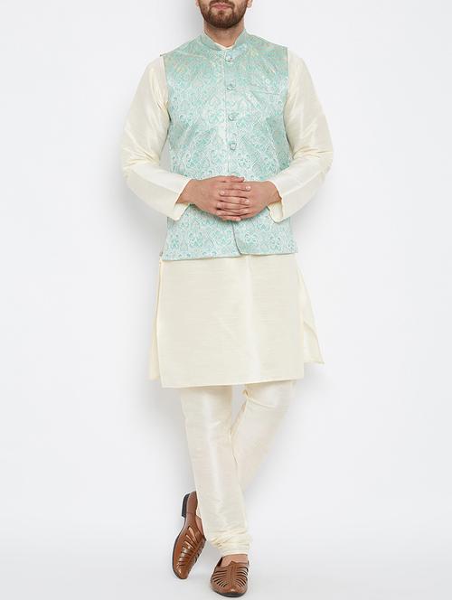 green and off white silk blend kurta pyjama set - 15416080 - Standard Image - 1
