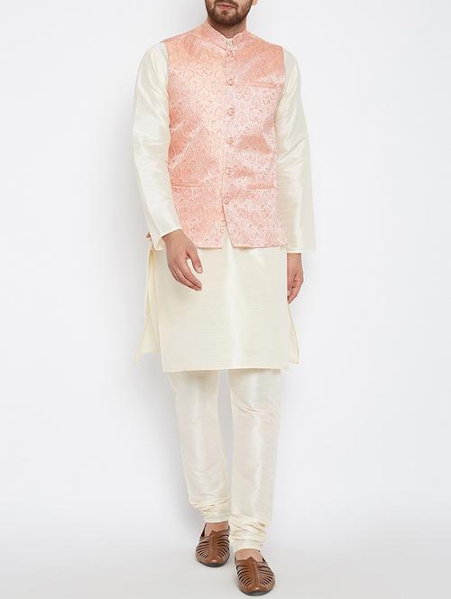 pink and off white silk blend kurta pyjama set - 15416081 - Standard Image - 1