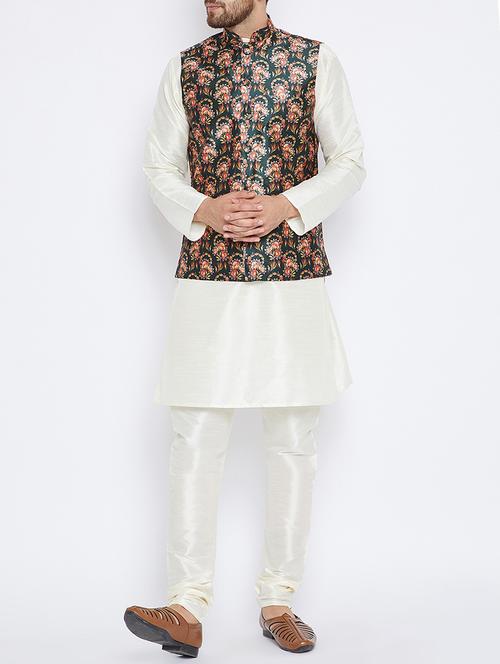 green and off white silk blend kurta pyjama set with nehru jacket - 15416083 - Standard Image - 1