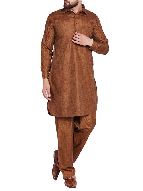 brown cotton pathani set - 15416092 - Standard Image - 1