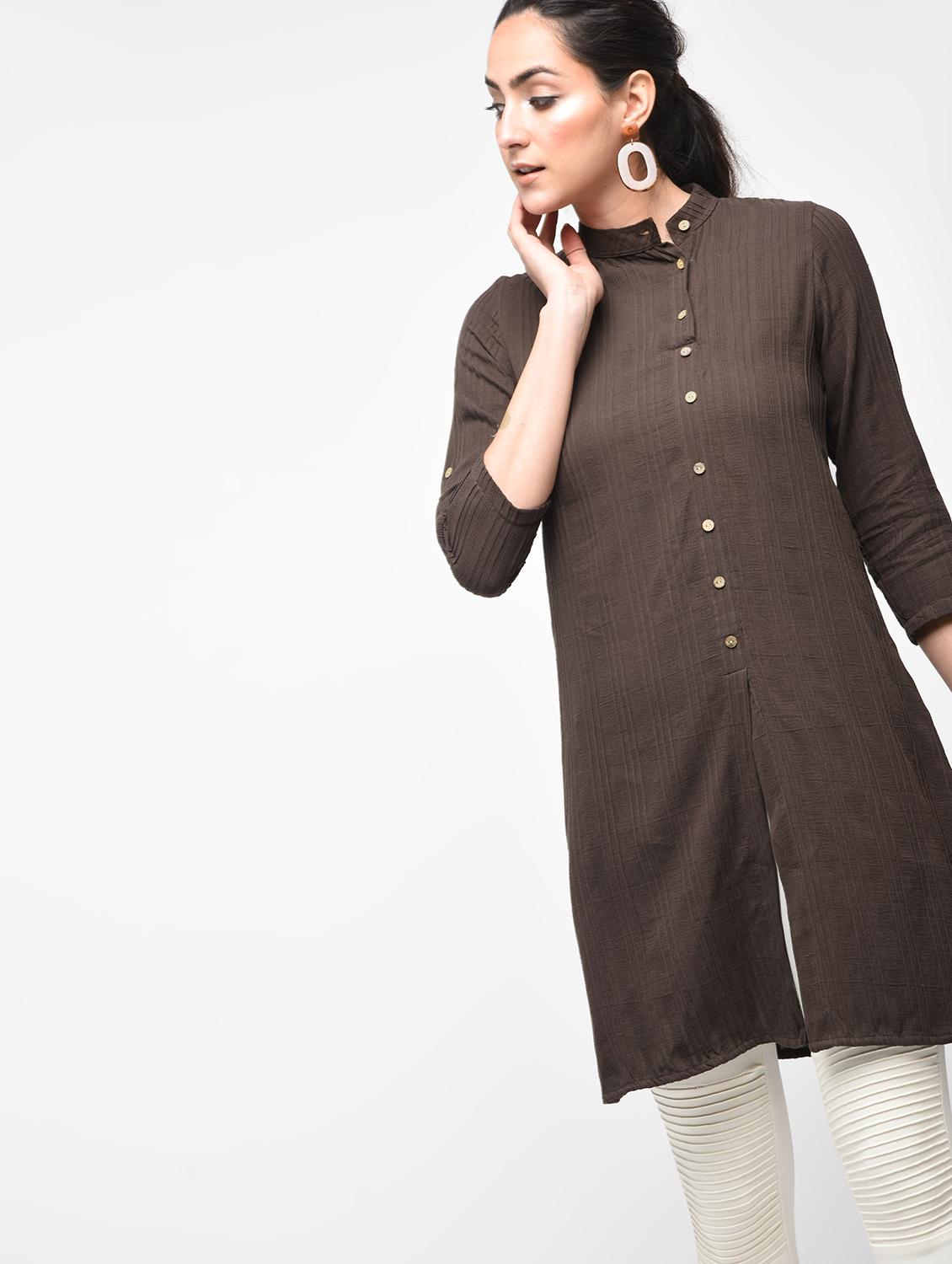 brown cotton aline kurti - 15416324 - Zoom Image - 1