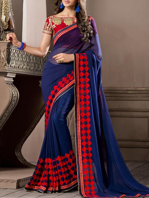 embroidered checkered georgette saree with blouse - 15416781 - Very Small Image - 1