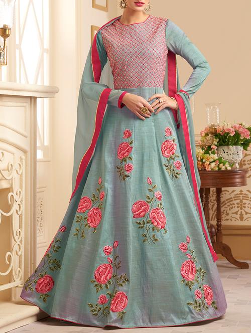 floral embroidered semi-stitched anarkali suits - 15416829 - Standard Image - 1