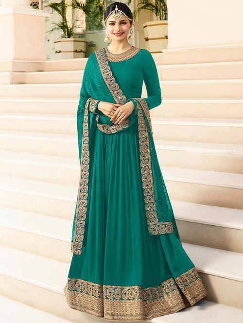 turquoise embroidered semi-stitched anarkali suits - 15416835 - Very Small Image - 1