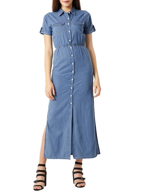 side slit button down denim dress - 15417295 - Standard Image - 1