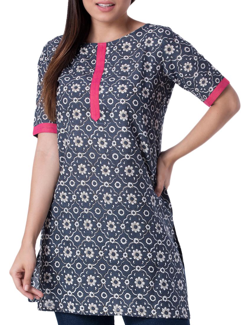 grey cotton straight kurti - 15417901 - Zoom Image - 1