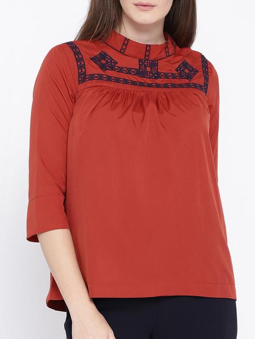 embroidered yoke mock neck top - 15418739 - Standard Image - 1