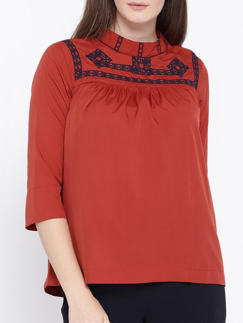 embroidered yoke mock neck top - 15418739 - Zoom Image - 1
