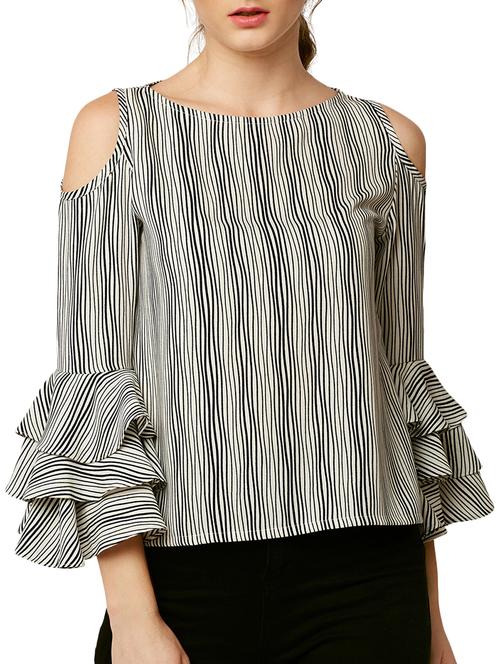 cold shoulder layered sleeve stripe top - 15419074 - Very Small Image - 1