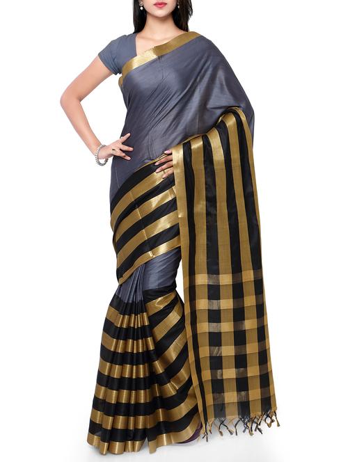 Golden stripes handloom saree with blouse - 15419222 - Very Small Image - 1