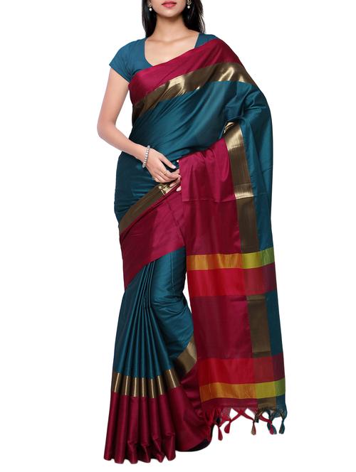 Contrast bordered handloom saree with blouse - 15419231 - Standard Image - 1