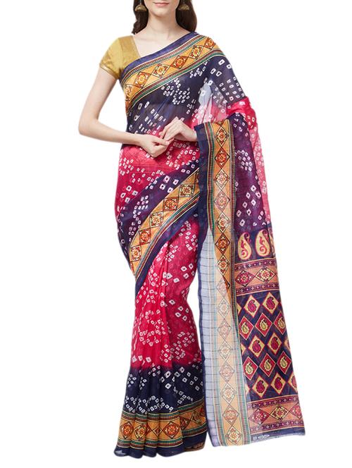 Contrast bordered bandhani saree with blouse - 15419481 - Very Small Image - 1
