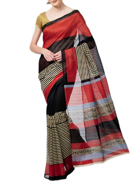 striped bordered printed saree with blouse - 15419483 - Zoom Image - 1